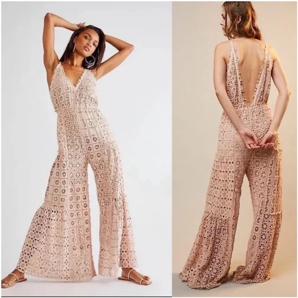 Free People Pants - Free People Yesenia Light Pink Floral Lace V Neck Wide Leg Boho Jumpsuit M NWT